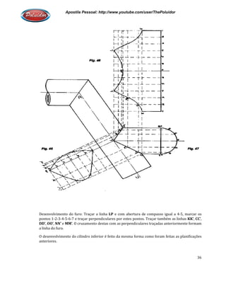 Apostila Pessoal: http://www.youtube.com/user/ThePoluidor
Desenvolvimento do furo: Traçar a linha
pontos 1-2-3-4-5-6-7 e traçar perpendiculares por estes pontos. Traçar também as linhas
DD’, OO’, NN’ e MM’. O cruzamento destas com as perpendiculares traçadas anteriormente formam
a linha do furo.
O desenvolvimento do cilindro inferior é feito da mesma forma como foram feitas as planificações
anteriores.
Apostila Pessoal: http://www.youtube.com/user/ThePoluidor
Desenvolvimento do furo: Traçar a linha LP e com abertura de compasso igual a 4
7 e traçar perpendiculares por estes pontos. Traçar também as linhas
. O cruzamento destas com as perpendiculares traçadas anteriormente formam
dro inferior é feito da mesma forma como foram feitas as planificações
Apostila Pessoal: http://www.youtube.com/user/ThePoluidor
36
ual a 4-5, marcar os
7 e traçar perpendiculares por estes pontos. Traçar também as linhas KK’, CC’,
. O cruzamento destas com as perpendiculares traçadas anteriormente formam
dro inferior é feito da mesma forma como foram feitas as planificações
 
