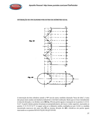 Apostila Pessoal: http://www.youtube.com/user/ThePoluidor
INTERSEÇÃO DE UM CILINDRO POR OUTRO DE DIÂMETRO IGUAL
A interseção de dois cilindros saindo a 90º um do outro, também chamada “boca de lobo”, é uma
das peças mais usadas em funilaria industrial e é de fácil confecção. Basta que se trace inicialmente
à vista de elevação, e se divida o arco
5-6-7. A partir destes pontos levantam
pontos 1’-2’-3’-4’-5’-6’-7’. A seguir acha
encontrada marca-se em uma reta
marcando-se os pontos M-N-O-
Apostila Pessoal: http://www.youtube.com/user/ThePoluidor
INTERSEÇÃO DE UM CILINDRO POR OUTRO DE DIÂMETRO IGUAL
A interseção de dois cilindros saindo a 90º um do outro, também chamada “boca de lobo”, é uma
adas em funilaria industrial e é de fácil confecção. Basta que se trace inicialmente
à vista de elevação, e se divida o arco AB (fig. 49) em partes iguais e marquem-se os pontos 1
7. A partir destes pontos levantam-se perpendiculares até tocar o tubo superior, marcando os
7’. A seguir acha-se o diâmetro médio, multiplica-se por 3,142 e a medida
se em uma reta CD na mesma direção de AB e divide-se em partes iguais
-P-Q-R-S-R-Q-P-O-N-M.
Apostila Pessoal: http://www.youtube.com/user/ThePoluidor
37
A interseção de dois cilindros saindo a 90º um do outro, também chamada “boca de lobo”, é uma
adas em funilaria industrial e é de fácil confecção. Basta que se trace inicialmente
se os pontos 1-2-3-4-
tubo superior, marcando os
se por 3,142 e a medida
se em partes iguais
 