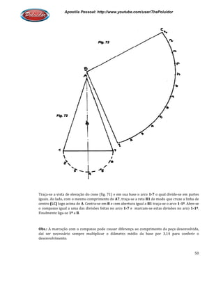 Apostila Pessoal: http://www.youtube.com/user/ThePoluidor
Traça-se a vista de elevação do cone (fig. 71) e em sua base o arco
iguais. Ao lado, com o mesmo comprimento de
centro (LC) logo acima de A. Centra
o compasso igual a uma das divisões feitas no arco
Finalmente liga-se 1º a B.
Obs.: A marcação com o compasso pode causar diferença ao comprimento da peça desenvolvida,
daí ser necessário sempre multiplicar o diâmetro médio da base por 3,14 para conferir o
desenvolvimento.
Apostila Pessoal: http://www.youtube.com/user/ThePoluidor
se a vista de elevação do cone (fig. 71) e em sua base o arco 1-7 o qual divide
iguais. Ao lado, com o mesmo comprimento de A7, traça-se a reta B1 de modo que cruze a linha de
. Centra-se em B e com abertura igual a B1 traça-se o arco
o compasso igual a uma das divisões feitas no arco 1-7 e marcam-se estas divisões no arco
A marcação com o compasso pode causar diferença ao comprimento da peça desenvolvida,
daí ser necessário sempre multiplicar o diâmetro médio da base por 3,14 para conferir o
Apostila Pessoal: http://www.youtube.com/user/ThePoluidor
50
o qual divide-se em partes
de modo que cruze a linha de
se o arco 1-1º. Abre-se
se estas divisões no arco 1-1º.
A marcação com o compasso pode causar diferença ao comprimento da peça desenvolvida,
daí ser necessário sempre multiplicar o diâmetro médio da base por 3,14 para conferir o
 