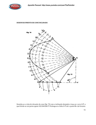 Apostila Pessoal: http://www.youtube.com/user/ThePoluidor
DESENVOLVIMENTO DE CONE INCLINADO
Desenha-se a vista de elevação do cone (fig. 73) com a inclinação desejada e traça
qual divide-se em partes iguais
Apostila Pessoal: http://www.youtube.com/user/ThePoluidor
DESENVOLVIMENTO DE CONE INCLINADO
se a vista de elevação do cone (fig. 73) com a inclinação desejada e traça
se em partes iguais 1-2-3-4-5-6-7. Prolonga-se a linha 1-7 até o ponto
Apostila Pessoal: http://www.youtube.com/user/ThePoluidor
51
se a vista de elevação do cone (fig. 73) com a inclinação desejada e traça-se o arco 1-7, o
até o ponto N e daí levanta-
 