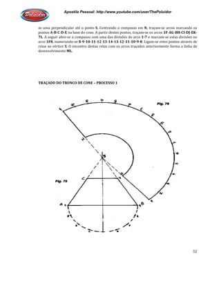 Apostila Pessoal: http://www.youtube.com/user/ThePoluidor
se uma perpendicular até o ponto
pontos A-B-C-D-E na base do cone. A partir destes pontos, traçam
7L. A seguir abre-se o compasso com uma das divisões do arco
arco 1F8, numerando-se 8-9-10
retas ao vértice S. O encontro destas retas com os arcos traçados anteriormente forma a linha de
desenvolvimento ML.
TRAÇADO DO TRONCO DE CONE
Apostila Pessoal: http://www.youtube.com/user/ThePoluidor
se uma perpendicular até o ponto S. Centrando o compasso em N, traçam-se arcos marcando os
na base do cone. A partir destes pontos, traçam-se os arcos 1F
se o compasso com uma das divisões do arco 1-7 e marcam-
10-11-12-13-14-13-12-11-10-9-8. Ligam-se estes pontos através de
. O encontro destas retas com os arcos traçados anteriormente forma a linha de
TRAÇADO DO TRONCO DE CONE – PROCESSO 1
Apostila Pessoal: http://www.youtube.com/user/ThePoluidor
52
se arcos marcando os
1F-AG-BH-CI-DJ-EK-
-se estas divisões no
se estes pontos através de
. O encontro destas retas com os arcos traçados anteriormente forma a linha de
 