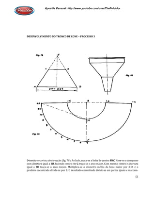 Apostila Pessoal: http://www.youtube.com/user/ThePoluidor
DESENVOLVIMENTO DO TRONCO DE CONE
Desenha-se a vista de elevação (fig. 78). Ao lado, traça
com abertura igual a EB, fazendo centro em
igual a ED traça-se o arco menor. Multiplica
produto encontrado divide-se por 2. O resultado encontrado divide
Apostila Pessoal: http://www.youtube.com/user/ThePoluidor
DESENVOLVIMENTO DO TRONCO DE CONE – PROCESSO 3
se a vista de elevação (fig. 78). Ao lado, traça-se a linha de centro FHC. Abre
, fazendo centro em G traça-se o arco maior. Com mesmo centro e abertura
se o arco menor. Multiplica-se o diâmetro médio da boca maior por 3,14 e o
se por 2. O resultado encontrado divide-se em partes iguais e marcam
Apostila Pessoal: http://www.youtube.com/user/ThePoluidor
55
. Abre-se o compasso
se o arco maior. Com mesmo centro e abertura
médio da boca maior por 3,14 e o
se em partes iguais e marcam-
 