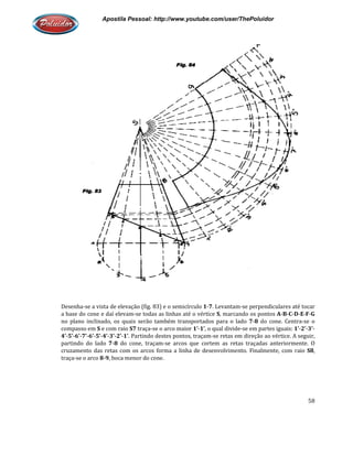 Apostila Pessoal: http://www.youtube.com/user/ThePoluidor
Desenha-se a vista de elevação (fig. 83) e o semicírculo
a base do cone e daí elevam-se todas as linhas até o vértice
no plano inclinado, os quais serão também transportados para o lado
compasso em S e com raio S7 traça
4’-5’-6’-7’-6’-5’-4’-3’-2’-1’. Partindo destes pontos, traçam
partindo do lado 7-8 do cone, traçam
cruzamento das retas com os arcos forma a linha de desenvolvimento. Finalmente, com raio
traça-se o arco 8-9, boca menor do cone.
Apostila Pessoal: http://www.youtube.com/user/ThePoluidor
se a vista de elevação (fig. 83) e o semicírculo 1-7. Levantam-se perpendiculares até tocar
se todas as linhas até o vértice S, marcando os pontos
no plano inclinado, os quais serão também transportados para o lado 7-8 do cone. Centra
traça-se o arco maior 1’-1’, o qual divide-se em partes iguais:
. Partindo destes pontos, traçam-se retas em direção ao vértice. A seguir,
do cone, traçam-se arcos que cortem as retas traçadas anteriormente. O
cruzamento das retas com os arcos forma a linha de desenvolvimento. Finalmente, com raio
nor do cone.
Apostila Pessoal: http://www.youtube.com/user/ThePoluidor
58
se perpendiculares até tocar
, marcando os pontos A-B-C-D-E-F-G
do cone. Centra-se o
se em partes iguais: 1’-2’-3’-
se retas em direção ao vértice. A seguir,
se arcos que cortem as retas traçadas anteriormente. O
cruzamento das retas com os arcos forma a linha de desenvolvimento. Finalmente, com raio S8,
 