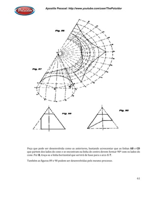 Apostila Pessoal: http://www.youtube.com/user/ThePoluidor
Peça que pode ser desenvolvida como as anteriores, bastando acrescentar que as linhas
que partem dos lados do cone e se encontram na linha de centro devem formar 90º com os lados do
cone. Por B, traça-se a linha horizontal que servirá de base para o arco
Também as figuras 89 e 90 podem ser desenvolvidas pelo mesmo processo.
Apostila Pessoal: http://www.youtube.com/user/ThePoluidor
Peça que pode ser desenvolvida como as anteriores, bastando acrescentar que as linhas
que partem dos lados do cone e se encontram na linha de centro devem formar 90º com os lados do
se a linha horizontal que servirá de base para o arco 1-7.
Também as figuras 89 e 90 podem ser desenvolvidas pelo mesmo processo.
Apostila Pessoal: http://www.youtube.com/user/ThePoluidor
61
Peça que pode ser desenvolvida como as anteriores, bastando acrescentar que as linhas AB e CD
que partem dos lados do cone e se encontram na linha de centro devem formar 90º com os lados do
 