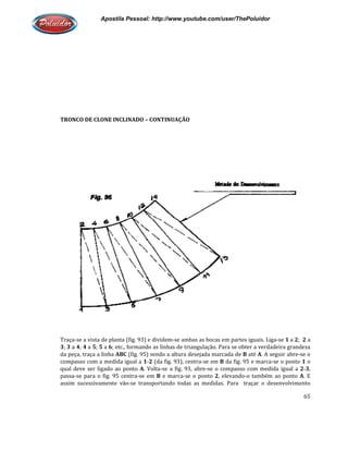 Apostila Pessoal: http://www.youtube.com/user/ThePoluidor
TRONCO DE CLONE INCLINADO
Traça-se a vista de planta (fig. 93) e dividem
3; 3 a 4; 4 a 5; 5 a 6; etc., formando as linhas de triangulação. Para se obter a verdadeira grandeza
da peça, traça a linha ABC (fig. 95) sendo a altura desejada marcada de
compasso com a medida igual a
qual deve ser ligado ao ponto
passa-se para o fig. 95 centra
assim sucessivamente vão-se transportando toda
Apostila Pessoal: http://www.youtube.com/user/ThePoluidor
CLONE INCLINADO – CONTINUAÇÃO
se a vista de planta (fig. 93) e dividem-se ambas as bocas em partes iguais. Liga
; etc., formando as linhas de triangulação. Para se obter a verdadeira grandeza
(fig. 95) sendo a altura desejada marcada de B até A
compasso com a medida igual a 1-2 (da fig. 93), centra-se em B da fig. 95 e marca
qual deve ser ligado ao ponto A. Volta-se a fig. 93, abre-se o compasso com medida igual a
se para o fig. 95 centra-se em B e marca-se o ponto 2, elevando-o também ao ponto
se transportando todas as medidas. Para traçar o desenvolvimento
Apostila Pessoal: http://www.youtube.com/user/ThePoluidor
65
se ambas as bocas em partes iguais. Liga-se 1 a 2; 2 a
; etc., formando as linhas de triangulação. Para se obter a verdadeira grandeza
A. A seguir abre-se o
marca-se o ponto 1 o
se o compasso com medida igual a 2-3,
o também ao ponto A. E
s as medidas. Para traçar o desenvolvimento
 
