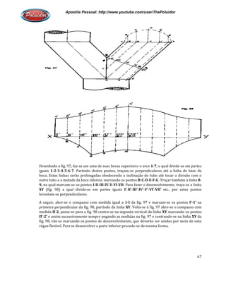 Apostila Pessoal: http://www.youtube.com/user/ThePoluidor
Desenhada a fig. 97, faz-se um uma de suas bocas superiores o arco
iguais 1-2-3-4-5-6-7. Partindo destes pontos, traçam
boca. Estas linhas serão prolongadas obedecendo a inclinação do tubo até tocar a divisão com o
outro tubo e a metade da boca inferior, marcando os pontos
9, na qual marcam-se os pontos
XY (fig. 98) a qual divide-se em partes iguais
levantam-se perpendiculares.
A seguir, abre-se o compasso com medida igual a
primeira perpendicular da fig. 98, partindo da linha
medida II-2, passa-se para a fig. 98 centra
II’-2’ e assim sucessivamente sempre pegando as medidas na fig. 97 e centrando
fig. 98, vão-se marcando os pontos de desenvolvimento, que deverão ser unidos por meio de uma
régua flexível. Para se desenvolver a parte inferior procede
Apostila Pessoal: http://www.youtube.com/user/ThePoluidor
se um uma de suas bocas superiores o arco 1-7, o qual divide
. Partindo destes pontos, traçam-se perpendiculares até a linha de base da
boca. Estas linhas serão prolongadas obedecendo a inclinação do tubo até tocar a divisão com o
outro tubo e a metade da boca inferior, marcando os pontos B-C-D-E-F-G. Traçar também a linha
se os pontos I-II-III-IV-V-VI-VII. Para fazer o desenvolvimento, traça
se em partes iguais I’-II’-III’-IV’-V’-VI’-VII’ etc., por estes pontos
se o compasso com medida igual a 1-I da fig. 97 e marcam-se os pontos
primeira perpendicular da fig. 98, partindo da linha XY. Volta-se à fig. 97 abre
se para a fig. 98 centra-se na segunda vertical da linha XY marcando os pontos
e assim sucessivamente sempre pegando as medidas na fig. 97 e centrando
se marcando os pontos de desenvolvimento, que deverão ser unidos por meio de uma
esenvolver a parte inferior procede-se da mesma forma.
Apostila Pessoal: http://www.youtube.com/user/ThePoluidor
67
, o qual divide-se em partes
se perpendiculares até a linha de base da
boca. Estas linhas serão prolongadas obedecendo a inclinação do tubo até tocar a divisão com o
. Traçar também a linha 8-
. Para fazer o desenvolvimento, traça-se a linha
etc., por estes pontos
se os pontos I’-1’ na
-se o compasso com
marcando os pontos
e assim sucessivamente sempre pegando as medidas na fig. 97 e centrando-se na linha XY da
se marcando os pontos de desenvolvimento, que deverão ser unidos por meio de uma
se da mesma forma.
 