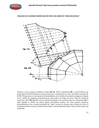 Apostila Pessoal: http://www.youtube.com/user/ThePoluidor
TRAÇADO DE CILINDRO ENXERTADO EM CURVA DE GOMO OU “UNHA INCLINADA”
Traçada a curva, traça-se também na linha
partes iguais 1-2-3-4. Baixam-
6-7-8. Transportam-se estes pontos horizontalmente até a divisão do primeiro semigomo e depois
com o auxílio do compasso, transportam
centro da “unha” DE (fig.109) com a inclinação desejada e em sua boca traça
qual também se divide em partes iguais marcando
perpendiculares com a mesma inclinação de “unha” até que se cruzem com as linhas da curva. O
cruzamento destas marcam a linha de interseção. O desenvolvimento (fig. 110) se faz de maneira já
conhecida.
Apostila Pessoal: http://www.youtube.com/user/ThePoluidor
TRAÇADO DE CILINDRO ENXERTADO EM CURVA DE GOMO OU “UNHA INCLINADA”
se também na linha AB (fig. 109) o semicírculo BC, o qual divide
-se estes pontos para o semicírculo da curva, marcando os pontos
se estes pontos horizontalmente até a divisão do primeiro semigomo e depois
o compasso, transportam-se estes pontos ao longo da curva. Traça
(fig.109) com a inclinação desejada e em sua boca traça-se o semicírculo
qual também se divide em partes iguais marcando-se pontos. Por estes pontos, t
perpendiculares com a mesma inclinação de “unha” até que se cruzem com as linhas da curva. O
cruzamento destas marcam a linha de interseção. O desenvolvimento (fig. 110) se faz de maneira já
Apostila Pessoal: http://www.youtube.com/user/ThePoluidor
72
TRAÇADO DE CILINDRO ENXERTADO EM CURVA DE GOMO OU “UNHA INCLINADA”
, o qual divide-se em
se estes pontos para o semicírculo da curva, marcando os pontos 5-
se estes pontos horizontalmente até a divisão do primeiro semigomo e depois
se estes pontos ao longo da curva. Traça-se a linha de
se o semicírculo FG, o
se pontos. Por estes pontos, traçam-se
perpendiculares com a mesma inclinação de “unha” até que se cruzem com as linhas da curva. O
cruzamento destas marcam a linha de interseção. O desenvolvimento (fig. 110) se faz de maneira já
 