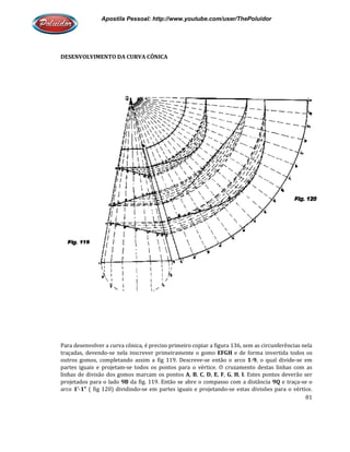 Apostila Pessoal: http://www.youtube.com/user/ThePoluidor
DESENVOLVIMENTO DA CURVA CÔNICA
Para desenvolver a curva cônica, é preciso primeiro copiar a figura 136, sem as circunferências nela
traçadas, devendo-se nela inscrever primeiramente o gomo
outros gomos, completando assim a fig 119. Descreve
partes iguais e projetam-se todos os pontos para o vértice. O cruzamento destas linhas com as
linhas de divisão dos gomos marcam os pontos
projetados para o lado 9B da fig. 1
arco 1’-1” ( fig 120) dividindo
Apostila Pessoal: http://www.youtube.com/user/ThePoluidor
DESENVOLVIMENTO DA CURVA CÔNICA
Para desenvolver a curva cônica, é preciso primeiro copiar a figura 136, sem as circunferências nela
se nela inscrever primeiramente o gomo EFGH e de forma invertida todos os
outros gomos, completando assim a fig 119. Descreve-se então o arco 1-9, o qual divide
se todos os pontos para o vértice. O cruzamento destas linhas com as
linhas de divisão dos gomos marcam os pontos A, B, C, D, E, F, G, H, I. Estes pontos deverão ser
da fig. 119. Então se abre o compasso com a distância
( fig 120) dividindo-se em partes iguais e projetando-se estas divisões para o vértice.
Apostila Pessoal: http://www.youtube.com/user/ThePoluidor
81
Para desenvolver a curva cônica, é preciso primeiro copiar a figura 136, sem as circunferências nela
e de forma invertida todos os
, o qual divide-se em
se todos os pontos para o vértice. O cruzamento destas linhas com as
. Estes pontos deverão ser
19. Então se abre o compasso com a distância 9Q e traça-se o
se estas divisões para o vértice.
 