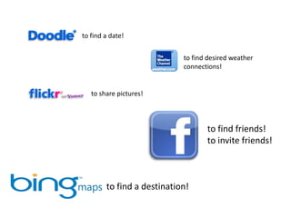 to find a date!
to find friends!
to invite friends!
to find desired weather
connections!
to share pictures!
to find a destination!