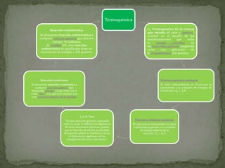 Termoquímica
La Termoquímica Es la ciencia
que estudia el calor y química)
consiste en el estudio de las
transformaciones que sufre
la energía calorífica en
las reacciones químicas, surgiendo
como una aplicación de
la termodinámica a la química.
Proceso a presión constante
El calor intercambiado en el proceso es
equivalente a la variación de entalpía de
la reacción. Qp = ΔrH
Proceso a volumen constante
El calor que se intercambia en estas
condiciones equivale a la variación
de energía interna de la
reacción. Qv = ΔrU
Ley de Hess
"En una reacción química expresada
como la suma (o diferencia) algebraica
de otras reacciones químicas, puesto
que es función de estado, la entalpía
de reacción global es también la suma
(ó diferencia) algebraica de las
entalpías de las otras reacciones."
Reacción exotérmica
Se denomina reacción exotérmica a
cualquier reacción química que
desprenda energía, ya sea como luz o
como calor,1 o lo que es lo mismo: con
una variación negativa de la entalpía
Reacción endotérmica
Se denomina reacción endotérmica a
cualquier reacción química que absorbe
energía. Si hablamos
de entalpía (H), una reacción
endotérmica es aquella que tiene un
incremento de entalpía o ΔH positivo.
 