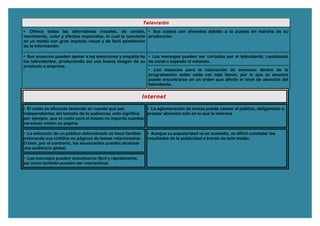Televisión
• Ofrece todas las alternativas visuales, de sonido,
movimiento, color y efectos especiales, lo cual lo convierte
en un medio con gran impacto visual y de fácil asimilación
de la información.
• Sus costos son elevados debido a la puesta en marcha de su
producción.
• Sus anuncios pueden apelar a las emociones y empatía de
los televidentes, produciendo así una buena imagen de su
producto o empresa.
• Los mensajes pueden ser cortados por el televidente, cambiando
de canal o bajando el volumen.
• Los espacios para la colocación de anuncios dentro de la
programación están cada vez más llenos, por lo que su anuncio
puede encontrarse en un orden que afecte el nivel de atención del
televidente.
Internet
• El costo es eficiente teniendo en cuenta que son
independientes del tamaño de la audiencia; esto significa
por ejemplo, que el costo será el mismo no importa cuántas
personas visiten su página.
• La aglomeración de avisos puede cansar al público, obligándolo a
prestar atención sólo en lo que le interesa.
• La selección de un público determinado se hace factible
colocando sus cintillos en páginas de temas relacionados.
O bien, por el contrario, los anunciantes pueden alcanzar
una audiencia global.
• Aunque su popularidad va en aumento, es difícil constatar los
resultados de la publicidad a través de este medio.
• Los mensajes pueden actualizarse fácil y rápidamente,
así como también pueden ser interactivos.
 