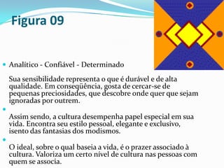 Figura 09
 Analítico - Confiável - Determinado
Sua sensibilidade representa o que é durável e de alta
qualidade. Em conseqüência, gosta de cercar-se de
pequenas preciosidades, que descobre onde quer que sejam
ignoradas por outrem.

Assim sendo, a cultura desempenha papel especial em sua
vida. Encontra seu estilo pessoal, elegante e exclusivo,
isento das fantasias dos modismos.

O ideal, sobre o qual baseia a vida, é o prazer associado à
cultura. Valoriza um certo nível de cultura nas pessoas com
quem se associa.
 