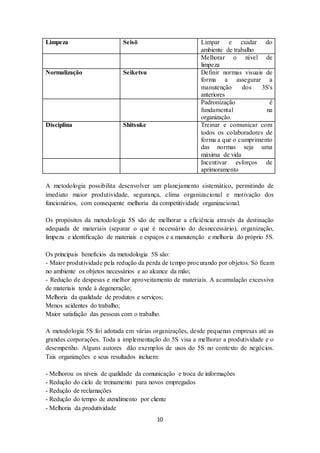 10
Limpeza Seisō Limpar e cuidar do
ambiente de trabalho
Melhorar o nível de
limpeza
Normalização Seiketsu Definir normas visuais de
forma a assegurar a
manutenção dos 3S's
anteriores
Padronização é
fundamental na
organização.
Disciplina Shitsuke Treinar e comunicar com
todos os colaboradores de
forma a que o cumprimento
das normas seja uma
máxima de vida
Incentivar esforços de
aprimoramento
A metodologia possibilita desenvolver um planejamento sistemático, permitindo de
imediato maior produtividade, segurança, clima organizacional e motivação dos
funcionários, com consequente melhoria da competitividade organizacional.
Os propósitos da metodologia 5S são de melhorar a eficiência através da destinação
adequada de materiais (separar o que é necessário do desnecessário), organização,
limpeza e identificação de materiais e espaços e a manutenção e melhoria do próprio 5S.
Os principais benefícios da metodologia 5S são:
- Maior produtividade pela redução da perda de tempo procurando por objetos. Só ficam
no ambiente os objetos necessários e ao alcance da mão;
- Redução de despesas e melhor aproveitamento de materiais. A acumulação excessiva
de materiais tende à degeneração;
Melhoria da qualidade de produtos e serviços;
Menos acidentes do trabalho;
Maior satisfação das pessoas com o trabalho.
A metodologia 5S foi adotada em várias organizações, desde pequenas empresas até as
grandes corporações. Toda a implementação do 5S visa a melhorar a produtividade e o
desempenho. Alguns autores dão exemplos de usos do 5S no contexto de negócios.
Tais organizações e seus resultados incluem:
- Melhorou os níveis de qualidade da comunicação e troca de informações
- Redução do ciclo de treinamento para novos empregados
- Redução de reclamações
- Redução do tempo de atendimento por cliente
- Melhoria da produtividade
 