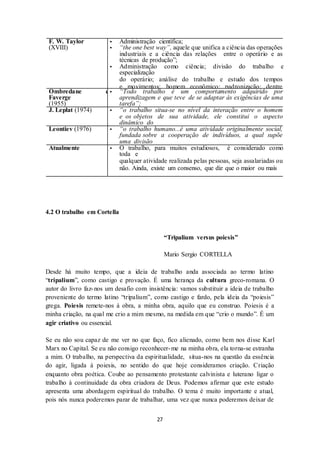 27
F. W. Taylor
(XVIII)
▪ Administração científica;
▪ “the one best way”, aquele que unifica a ciência das operações
industriais e a ciência das relações entre o operário e as
técnicas de produção”;
▪ Administração como ciência; divisão do trabalho e
especialização
do operário; análise do trabalho e estudo dos tempos
e movimentos; homem econômico; padronização; dentre
outros pontos.Ombredane e
Faverge
(1955)
▪ “Todo trabalho é um comportamento adquirido por
aprendizagem e que teve de se adaptar às exigências de uma
tarefa”;
▪ Trabalho é um comportamento e um constrangimento.J. Leplat (1974) ▪ “o trabalho situa-se no nível da interação entre o homem
e os objetos de sua atividade, ele constitui o aspecto
dinâmico do
sistema homem-máquina”;Leontiev (1976) ▪ “o trabalho humano...é uma atividade originalmente social,
fundada sobre a cooperação de indivíduos, a qual supõe
uma divisão
técnica ..das funções de trabalho”;Atualmente ▪ O trabalho, para muitos estudiosos, é considerado como
toda e
qualquer atividade realizada pelas pessoas, seja assalariadas ou
não. Ainda, existe um consenso, que diz que o maior ou mais
importante capital de toda organização, é o capital humano.
4.2 O trabalho em Cortella
“Tripalium versus poiesis”
Mario Sergio CORTELLA
Desde há muito tempo, que a ideia de trabalho anda associada ao termo latino
“tripalium”, como castigo e provação. É uma herança da cultura greco-romana. O
autor do livro faz-nos um desafio com insistência: vamos substituir a ideia de trabalho
proveniente do termo latino “tripalium”, como castigo e fardo, pela ideia da “poiesis”
grega. Poiesis remete-nos à obra, a minha obra, aquilo que eu construo. Poiesis é a
minha criação, na qual me crio a mim mesmo, na medida em que “crio o mundo”. É um
agir criativo ou essencial.
Se eu não sou capaz de me ver no que faço, fico alienado, como bem nos disse Karl
Marx no Capital. Se eu não consigo reconhecer-me na minha obra, ela torna-se estranha
a mim. O trabalho, na perspectiva da espiritualidade, situa-nos na questão da essência
do agir, ligada à poiesis, no sentido do que hoje consideramos criação. Criação
enquanto obra poética. Coube ao pensamento protestante calvinista e luterano ligar o
trabalho à continuidade da obra criadora de Deus. Podemos afirmar que este estudo
apresenta uma abordagem espiritual do trabalho. O tema é muito importante e atual,
pois nós nunca poderemos parar de trabalhar, uma vez que nunca poderemos deixar de
 