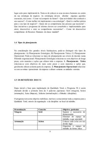 9
lugar certo para implementá-la. Trata-se de colocar os seus recursos humanos no centro
da sua estratégia de negócio. As estratégias devem abordar algumas questões
essenciais, tais como: - Como vai competir no futuro? - Que actividades irão conduzir o
seu sucesso? - Como melhor irá implementar a sua estratégia? - Qual é a melhor prática
para o seu tipo de negócio? - Quais são as competências das pessoas que necessita? -
Que iniciativas e programas de talentos devem ser concebidos e implementados para
atrair, desenvolver e reter as competências necessárias? - Como irá desenvolver
competências de Recursos Humanos de classe mundial?
1.4 Tipos de planejamento
Na consideração dos grandes níveis hierárquicos, pode-se distinguir três tipos de
planejamento: A) Planejamento Estratégico; B) Planejamento Tático; C) Planejamento
Operacional. Pode-se relacionar os tipos de planejamento aos níveis de decisão numa
Pirâmide organizacional: Planejamento Estratégico relaciona-se com objetivos de longo
prazo, com maneiras e ações que afetam toda a empresa. 1. Planejamento Tático
relaciona-se com objetivos de mais curto prazo e com maneiras e ações que,
geralmente afetam somente parte da empresa. 2. Planejamento Operacional relaciona-
se com as rotinas operacionais da empresa e afetam somente as unidades setoriais.
1.5 OS BENEFÍCIOS DOS 5 S
Etapa inicial e base para implantação da Qualidade Total, o Programa 5S é assim
chamado devido a primeira letra de 5 palavras japonesas: Seiri (triagem), Seiton
(arrumação), Seiso (limpeza), Seiketsu (normalização) e Shitsuke (disciplina).
O programa tem como objetivo mobilizar, motivar e conscientizar toda a empresa para a
Qualidade Total, através da organização e da disciplina no local de trabalho.
Denominação Conceito Objetivo particular
Triagem Seiri Separar o necessário do
desnecessário
Eliminar do espaço de
trabalho o que seja inútil
Arrumação Seiton Colocar cada coisa em seu
devido lugar
Organizar o espaço de
trabalho de forma eficaz
 