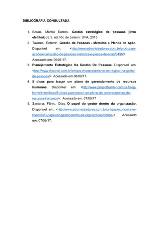 BIBLIOGRAFIA CONSULTADA
1. Souza, Márcio Santos. Gestão estratégica de pessoas [livro
eletrônico]. 2. ed. Rio de Janeiro: UVA, 2015
2. Tavares, Roberto. Gestão de Pessoas - Métodos e Planos de Ação.
Disponível em: <http://www.administradores.com.br/producao-
academica/gestao-de-pessoas-metodos-e-planos-de-acao/3496/>.
Acessado em: 06/07/17.
3. Planejamento Estratégico Na Gestão De Pessoas. Disponível em:
<http://www.rhportal.com.br/artigos-rh/planejamento-estratgico-na-gesto-
de-pessoas/>. Acessado em 06/09/17.
4. 5 dicas para traçar um plano de gerenciamento de recursos
humanos. Disponível em: <http://www.projectbuilder.com.br/blog-
home/entry/dicas/5-dicas-para-tracar-um-plano-de-gerenciamento-de-
recursos-humanos>. Acessado em: 07/09/17
5. Santana, Flávio, Dias. O papel do gestor dentro da organização.
Disponível em: <http://www.administradores.com.br/artigos/economia-e-
financas/o-papel-do-gestor-dentro-da-organizacao/68064/>. Acessado
em: 07/09/17.
 