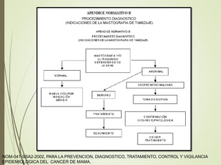 NOM-041-SSA2-2002, PARA LA PREVENCION, DIAGNOSTICO, TRATAMIENTO, CONTROL Y VIGILANCIA
EPIDEMIOLOGICA DEL CANCER DE MAMA.
 