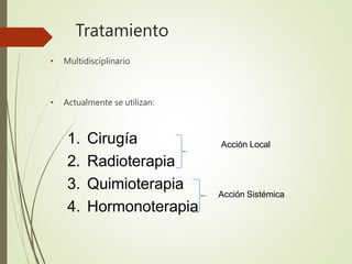 Tratamiento
• Multidisciplinario
• Actualmente se utilizan:
1. Cirugía
2. Radioterapia
3. Quimioterapia
4. Hormonoterapia
Acción Local
Acción Sistémica
 