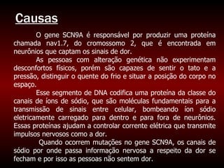 Causas O gene SCN9A é responsável por produzir uma proteína chamada nav1.7, do cromossomo 2, que é encontrada em neurônios que captam os sinais de dor.  As pessoas com alteração genética não experimentam desconfortos físicos, porém são capazes de sentir o tato e a pressão, distinguir o quente do frio e situar a posição do corpo no espaço.  Esse segmento de DNA codifica uma proteína da classe do canais de íons de sódio, que são moléculas fundamentais para a transmissão de sinais entre celular, bombeando íon sódio eletricamente carregado para dentro e para fora de neurônios. Essas proteínas ajudam a controlar corrente elétrica que transmite impulsos nervosos como a dor.    Quando ocorrem mutações no gene SCN9A, os canais de sódio por onde passa informação nervosa a respeito da dor se fecham e por isso as pessoas não sentem dor.  