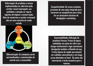 Valorização: Os produtos a serem
   implementados se valorizam pelo      Competitividade: Os novos produtos,
    caráter visual empregado, sua      precisam de uma ação integrada para
     qualidade e atenção as regras     tornarem-se competitivos para tanto
  vigentes de higiene e conservação.       faz-se necessário técnicas de
Além de manterem o caráter artesanal          divulgação e marketing.
    são um novo conceito de venda
                casada.




                                            Sustentabilidade: Utilização de
                                          produtos frescos, frutas da época
                                          embaladas em potes de vidro com
                                       design institucional e tags conceituais,
                                        divulgando também a filosofia da ong.
                                        Frutas típicas da região que possam
    Diferenciação: As compotas serão   ser colhidas naturalmente e em longo
    personalizadas e costumizadas de   prazo plantadas no local. Os potes são
        acordo com o consumidor.        retornáveis e terão incentivo para o
                                                       retorno.
 