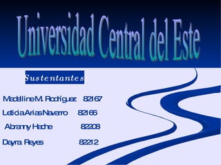 Universidad Central del Este Madelline M. Rodríguez  82167 Leticia Arias Navarro  82166 Abranny Hache  82208 Sustentantes:   Dayra  Reyes  82212 