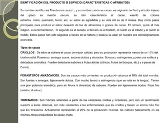 IDENTIFICACIÓN DEL PRODUCTO O SERVICIO (CARACTERÍSTICAS O ATRIBUTOS)

Su nombre científico es Theobroma cacao L, y su nombre común es cacao, es originario de Perú y el color interno
del    grano     es    marrón     oscuro,    su    olor    característico    al   cacao,     exento     de    colores
extraños, moho, quemado, humo, etc, su sabor es agradable y su vida útil es de 8 meses. Hay cinco pasos
principales para producir el sabor deseado de las de almendras o granos de cacao. El primero, quizá el más
mágico, es la fermentación. El segundo es el secado, el tercero es el tostado, el cuarto es el trillado y el quinto el
molido. Estos pasos han sido seguidos a través de la historia y todavía se usan en nuestra era tecnológicamente
avanzada.

Tipos de cacao
CRIOLLOS: De ellos se obtiene el cacao de mayor calidad, pero su producción representa menos de un 10% del
total mundial. Poseen un amargor suave, sabores ácidos y afrutados. Son poco astringentes, posen una sutileza y
delicadeza aromática. Pueden detectarse sabores a frutas ácidas (cítricos, frutas del bosque, etc.) y a pasas de
Corinto.


FORASTEROS AMAZÓNICOS: Son los cacaos más corrientes; su producción alcanza el 70% del total mundial.
Son fuertes y amargos, ligeramente ácidos. Con mucho tanino y astringencia (que se nota en la lengua). Tienen
una gran potencia aromática, pero sin finura ni diversidad de sabores. Pueden ser ligeramente ácidos. Poco fino
(relativo al sabor).


TRINITARIOS: Son híbridos obtenidos a partir de las variedades criollas y forasteras, pero con un rendimiento
superior a éstas. Además, son más resistentes a las enfermedades que los criollos y tienen un aroma más fino
que los forasteros. Actualmente representan el 20% de la producción mundial. Se cultivan básicamente en las
mismas zonas productoras de cacao criollo
 