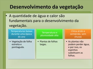 Desenvolvimento da vegetação
• A quantidade de água e calor são
fundamentais para o desenvolvimento da
vegetação.
Temperaturas baixas
durante uma época
do ano
• Vegetação de folha
estreita e
pontiaguda.
Temperatura e
pluviosidade alta:
• Plantas de folhas
largas.
Clima árido e
semiárido, sem
chuvas
• As plantas não
podem perder água,
e por isso, os
espinhos
substituem as
folhas.
 