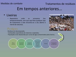 Em tempos anteriores… Lixeiras Repositório onde se armazena lixo temporariamente, sem que seja feito qualquer tipo de tratamento e este encontra-se a céu aberto à mercê da natureza.  Perigos  Resíduos em decomposição; Combustões espontâneas de materiais e explosões; Populações eram abastecidas por cursos de água contaminados pelas lixeiras; Medidas de combate Tratamentos de resíduos 