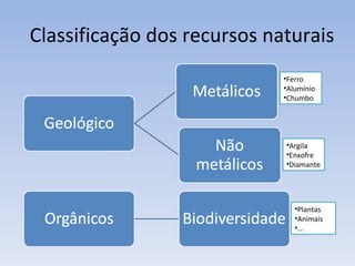 Classificação dos recursos naturais Ferro Alumínio Chumbo Argila Enxofre Diamante  Plantas Animais … 