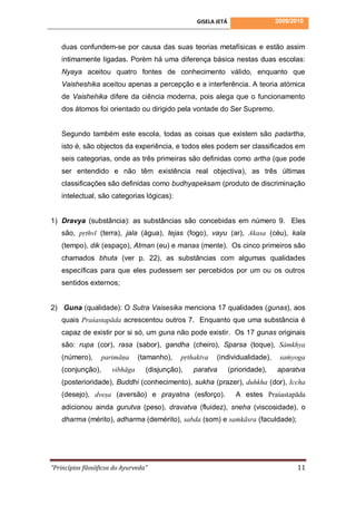 GISELA JETÁ                   2009/2010



    duas confundem-se por causa das suas teorias metafísicas e estão assim
    intimamente ligadas. Porém há uma diferença básica nestas duas escolas:
    Nyaya aceitou quatro fontes de conhecimento válido, enquanto que
    Vaisheshika aceitou apenas a percepção e a interferência. A teoria atómica
    de Vaishehika difere da ciência moderna, pois alega que o funcionamento
    dos átomos foi orientado ou dirigido pela vontade do Ser Supremo.


    Segundo também este escola, todas as coisas que existem são padartha,
    isto é, são objectos da experiência, e todos eles podem ser classificados em
    seis categorias, onde as três primeiras são definidas como artha (que pode
    ser entendido e não têm existência real objectiva), as três últimas
    classificações são definidas como budhyapeksam (produto de discriminação
    intelectual, são categorias lógicas):


1) Dravya (substância): as substâncias são concebidas em número 9. Eles
    são, pṛthvī (terra), jala (água), tejas (fogo), vayu (ar), Akasa (céu), kala
    (tempo), dik (espaço), Atman (eu) e manas (mente). Os cinco primeiros são
    chamados bhuta (ver p. 22), as substâncias com algumas qualidades
    específicas para que eles pudessem ser percebidos por um ou os outros
    sentidos externos;


2) Guna (qualidade): O Sutra Vaisesika menciona 17 qualidades (gunas), aos
    quais Praśastapāda acrescentou outros 7. Enquanto que uma substância é
    capaz de existir por si só, um guna não pode existir. Os 17 gunas originais
    são: rupa (cor), rasa (sabor), gandha (cheiro), Sparsa (toque), Sámkhya
    (número),      parimāṇa     (tamanho),    pṛthaktva   (individualidade),      saṁyoga
    (conjunção),      vibhāga      (disjunção),   paratva        (prioridade),   aparatva
    (posterioridade), Buddhi (conhecimento), sukha (prazer), duhkha (dor), Iccha
    (desejo), dveṣa (aversão) e prayatna (esforço).                A estes Praśastapāda
    adicionou ainda gurutva (peso), dravatva (fluidez), sneha (viscosidade), o
    dharma (mérito), adharma (demérito), sabda (som) e saṁkāsra (faculdade);




“Princípios filosóficos do Ayurveda”                                                    11
 