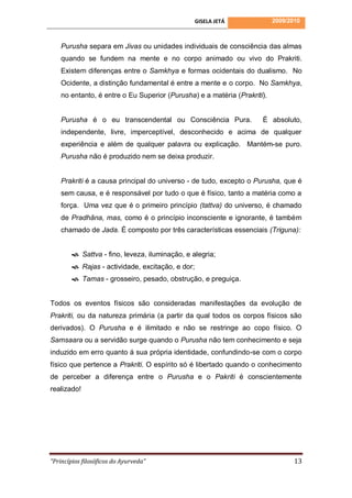 GISELA JETÁ             2009/2010



    Purusha separa em Jivas ou unidades individuais de consciência das almas
    quando se fundem na mente e no corpo animado ou vivo do Prakriti.
    Existem diferenças entre o Samkhya e formas ocidentais do dualismo. No
    Ocidente, a distinção fundamental é entre a mente e o corpo. No Samkhya,
    no entanto, é entre o Eu Superior (Purusha) e a matéria (Prakriti).


    Purusha é o eu transcendental ou Consciência Pura.               É absoluto,
    independente, livre, imperceptível, desconhecido e acima de qualquer
    experiência e além de qualquer palavra ou explicação. Mantém-se puro.
    Purusha não é produzido nem se deixa produzir.


    Prakriti é a causa principal do universo - de tudo, excepto o Purusha, que é
    sem causa, e é responsável por tudo o que é físico, tanto a matéria como a
    força. Uma vez que é o primeiro princípio (tattva) do universo, é chamado
    de Pradhâna, mas, como é o princípio inconsciente e ignorante, é também
    chamado de Jada. É composto por três características essenciais (Triguna):


         Sattva - fino, leveza, iluminação, e alegria;
         Rajas - actividade, excitação, e dor;
         Tamas - grosseiro, pesado, obstrução, e preguiça.


Todos os eventos físicos são consideradas manifestações da evolução de
Prakriti, ou da natureza primária (a partir da qual todos os corpos físicos são
derivados). O Purusha e é ilimitado e não se restringe ao copo físico. O
Samsaara ou a servidão surge quando o Purusha não tem conhecimento e seja
induzido em erro quanto á sua própria identidade, confundindo-se com o corpo
físico que pertence a Prakriti. O espírito só é libertado quando o conhecimento
de perceber a diferença entre o Purusha e o Pakriti é conscientemente
realizado!




“Princípios filosóficos do Ayurveda”                                             13
 