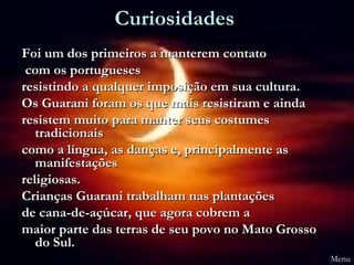Curiosidades
Foi um dos primeiros a manterem contato
 com os portugueses
resistindo a qualquer imposição em sua cultura.
Os Guarani foram os que mais resistiram e ainda
resistem muito para manter seus costumes
   tradicionais
como a língua, as danças e, principalmente as
   manifestações
religiosas.
Crianças Guarani trabalham nas plantações
de cana-de-açúcar, que agora cobrem a
maior parte das terras de seu povo no Mato Grosso
   do Sul.
                                                    Menu
 