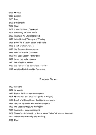 2008: Menske
2006: Spiegel
2005: Puur
2003: Sonic Boom
2002: Blush
2002: It avec Sidi Larbi Cherkaoui
2001: Scratching the Inner Fields
2000: Inasmuch As Life Is Borrowed
1999: In the Spite of Wishing and Wanting
1997: Seven for a Secret Never To Be Told
1996: Bereft of Blissful Union
1995: Alle Grossen decken sich zu
1994: Mountains Made of Barking
1993: Her Body Doesn't Fit Her Soul
1991: Immer das selbe gelogen
1990: The Weight of a Hand
1989: Les Porteuses de mauvaises nouvelles
1987: What the Body Does Not Remember




                                     Principais Filmes


1990: Roseland
1992: La Mentira
1993: Elba et Fédérico (curta-metragem)
1994: Mountains Made of Barking (curta-metragem)
1996: Bereft of a Blissful Union Dust (curta-metragem)
1997: Body, Body on the Wall (curta-metragem)
1999: The Last Words (curta-metragem)
2000: Inasmush... (curta-metragem)
2001: Silver d'après Seven for a Secret Never To Be Told (curta-metragem)
2002: In the Spite of Wishing and Wanting
2005: Blush
 