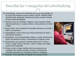 Describa las 7 categorías del cyberbullyingEl cyberbullying, como se ha señalado al principio del epígrafe, es un modo disi-mulado de acoso verbal y escrito. Willard (2004) identifica siete categorías deviolencia verbal y escrita a través de las nuevas tecnologías:1. Flaming: envío de mensajes vulgares o que muestran enfado sobre unapersona a un grupo online o a esa persona vía email o SMS.2. Acoso online: envío repetido de mensajes ofensivos vía email o SMS a una persona.3. Cyberstalking: acoso online que incluye amenazas de daño o intimidación excesiva.4. Denigración: envíos perjudiciales, falsas y crueles afirmaciones sobre una persona a otras o comentarios en lugares online.5. Suplantación de la persona: hacerse pasar por la víctima y enviar o colgar archivos de texto, video o imagen que hagan quedar mal al agredido.6. Outing: enviar o colgar material sobre una persona que contenga infor-mación sensible, privada o embarazosa, incluidas respuestas de mensajes privados o imágenes.7. Exclusión: cruel expulsión de alguien de un grupo online.