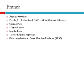 FrançaÁrea: 550 000 km² População ( Estimativa de 2010 ): 64,3 milhões de habitantes Capital: ParisLíngua: FrançêsMoeda: EuroTipo de Regime: RepúblicaData de adesão ao Euro: Membro fundador (1957) 
