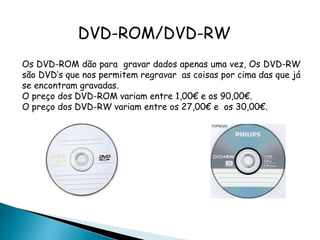 DVD-ROM/DVD-RW
Os DVD-ROM dão para gravar dados apenas uma vez, Os DVD-RW
são DVD’s que nos permitem regravar as coisas por cima das que já
se encontram gravadas.
O preço dos DVD-ROM variam entre 1,00€ e os 90,00€.
O preço dos DVD-RW variam entre os 27,00€ e os 30,00€.
 