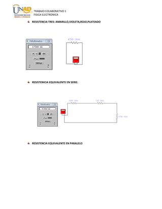 TRABAJO COLABORATIVO 1
FISICA ELECTRONICA
RESISTENCIA TRES: AMARILLO,VIOLETA,ROJO,PLATEADO

RESISTENICIA EQUIVALENTE EN SERIE:

RESISTENCIA EQUIVALENTE EN PARALELO

 