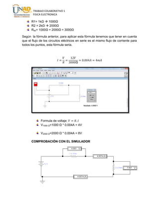 TRABAJO COLABORATIVO 1
FISICA ELECTRONICA

R1= 1kΩ  1000Ω
R2 = 2kΩ  2000Ω
Rab= 1000Ω + 2000Ω = 3000Ω
Según la fórmula anterior, para aplicar esta fórmula tenemos que tener en cuenta
que el flujo de los circuitos eléctricos en serie es el mismo flujo de corriente para
todos los puntos, esta fórmula seria.

Formula de voltaje:
V1000 Ω=1000 Ω * 0.004A = 4V
V2000 Ω=2000 Ω * 0.004A = 8V
COMPROBACIÓN CON EL SIMULADOR

 
