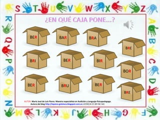 BER
AUTOR: María José de Luis Flores. Maestra especialista en Audición y Lenguaje-Psicopedagoga.
Autora del blog http://lapsico-goloteca.blogspot.com.es LICENCIA CC (BY-NC-SA)
BER
BERBER
BRE
BRE
BAR
BRI
BOR
BRU
BRA
BIR
 