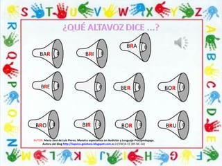 BRO
BAR
BOR
BRO BOR
BRE
BRA
BER
BIR
BRI
BRU
AUTOR: María José de Luis Flores. Maestra especialista en Audición y Lenguaje-Psicopedagoga.
Autora del blog http://lapsico-goloteca.blogspot.com.es LICENCIA CC (BY-NC-SA)
 