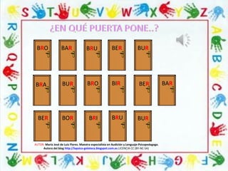 BRO BAR BRU BER BUR
AUTOR: María José de Luis Flores. Maestra especialista en Audición y Lenguaje-Psicopedagoga.
Autora del blog http://lapsico-goloteca.blogspot.com.es LICENCIA CC (BY-NC-SA)
BRA
BER
BUR BRO BIR
BOR BRI BUR
BER BAR
BRU
 