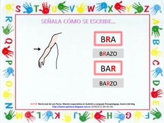 AUTOR: María José de Luis Flores. Maestra especialista en Audición y Lenguaje-Psicopedagoga. Autora del blog
http://lapsico-goloteca.blogspot.com.es LICENCIA CC (BY-NC-SA)
BRA
BRAZO
BAR
BARZO
 