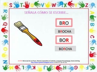 AUTOR: María José de Luis Flores. Maestra especialista en Audición y Lenguaje-Psicopedagoga. Autora del blog
http://lapsico-goloteca.blogspot.com.es LICENCIA CC (BY-NC-SA)
BRO
BOR
BROCHA
BORCHA
 