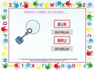 AUTOR: María José de Luis Flores. Maestra especialista en Audición y Lenguaje-Psicopedagoga. Autora del blog
http://lapsico-goloteca.blogspot.com.es LICENCIA CC (BY-NC-SA)
BUR
BRU
BURBUJA
BRUBUJA
 