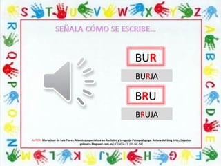 AUTOR: María José de Luis Flores. Maestra especialista en Audición y Lenguaje-Psicopedagoga. Autora del blog http://lapsico-
goloteca.blogspot.com.es LICENCIA CC (BY-NC-SA)
BUR
BRU
BRUJA
BURJA
 