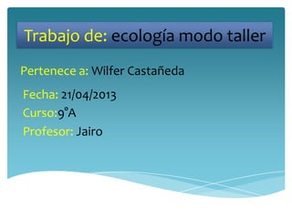 Trabajo de: ecología modo taller
Pertenece a: Wilfer Castañeda
Fecha: 21/04/2013
Curso:9°A
Profesor: Jairo
 