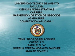 UNIVERSIDAD TECNICA DE AMBATOFACULTAD: CIENCIAS ADMINISTRATIVASCARRERA:MARKETING Y GESTION DE NEGOCIOSASIGNATURA:COMPUTACION APLICADA 1 TEMA: TIPOS DE RELACIONESCURSO: 4 TOPARALELO: “A”MORELIA TERESA MORALES SANCHEZAMBATO 8/04/2011 