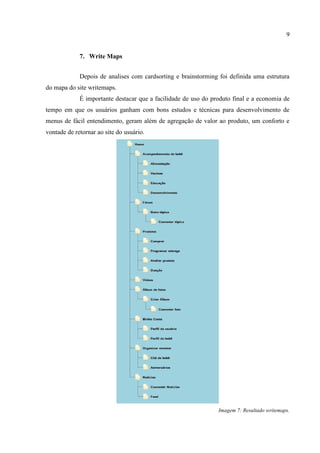 9


             7. Write Maps


             Depois de analises com cardsorting e brainstorming foi definida uma estrutura
do mapa do site writemaps.
             É importante destacar que a facilidade de uso do produto final e a economia de
tempo em que os usuários ganham com bons estudos e técnicas para desenvolvimento de
menus de fácil entendimento, geram além de agregação de valor ao produto, um conforto e
vontade de retornar ao site do usuário.




                                                                Imagem 7: Resultado writemaps.
 