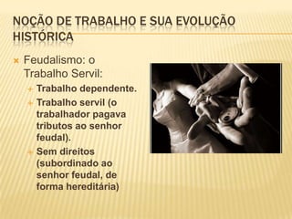 Noção de trabalho e sua evolução históricaFeudalismo: o Trabalho Servil:Trabalho dependente.Trabalho servil (o trabalhador pagava tributos ao senhor feudal).Sem direitos (subordinado ao senhor feudal, de forma hereditária)
