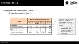 • Ejemplo PIP de Infraestructura Escolar (…):
2. Inversión en activos fijos (...)
5. Formulación (…)
Los costos unitarios pueden
obtenerse de diferentes
fuentes según el nivel de
información requerido por el
estudio:
- Revistas especializadas
- Referencias de otros
estudios o expedientes
técnicos de la zona
- Cotizaciones
egp.up.edu.pe 101
Partida
Precios Privados Unitarios (sin. IGV)
Material
Mano
de Obra
Equipo Total
Arquitectura
0100 Trabajos preliminares 10.40 8.01 3.96 22.38
0200 Movimiento de tierras 0.00 27.41 19.19 46.60
0300
Muros de KK de cabeza.
Muros de ladrillo pastelero
41.06
25.14
19.71
17.25
0.99
0.86
61.76
43.25
…
 